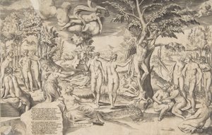 كيوبيد في الحقول الإليزية مربوطًا بشجرة في الوسط ، أحاط بشخصياتي العديدة ، 1563. بواسطة جوليو بوناسون