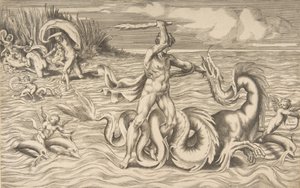 هرقل يقاتل أدراجون في الوسط ، أخيلوس يحمل Deianeira أعلى اليسار ، 1531-1576. بواسطة جوليو بوناسون