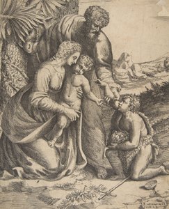 العائلة المقدسة مع القديس يوحنا المعمدان الجثو على اليمين ، 1531-1576. بواسطة جوليو بوناسون
