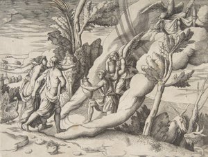 جوبيتر وجونو يتم استقبالهما في السماء من قبل جانيميد وهيبي ، من القسم ... ، 1531-1576. بواسطة جوليو بوناسون