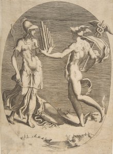عطارد يقدم أنبوب عموم إلى مينيرفا الذي يقف على اليسار ، تكوين بيضاوي ، 1531-1576. بواسطة جوليو بوناسون