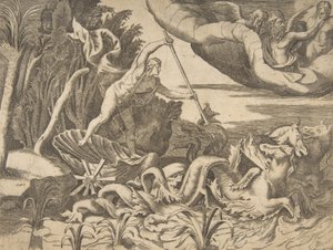 نبتون في عربته يتم رسمها بواسطة فرس البحر ، من قسم الكون ، 1 ... ، 1531-1576. بواسطة جوليو بوناسون