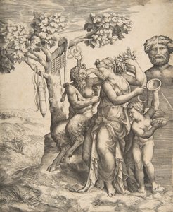عموم على اليسار جالسًا بجانب حورية واقفة ، إلى اليمين كيوبيد ممسكًا بالصنج ، 1531-1576. بواسطة جوليو بوناسون