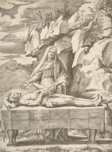 بيتا ، المسيح ممدد على طاولة في منظر طبيعي ، العذراء تقف خلف ذراعيها ... ، 1531-1576. بواسطة جوليو بوناسون