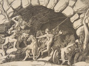 بلوتو يركب عربة ينزل إلى الجحيم ، من "تقسيم الكون" ، 1531-1576. بواسطة جوليو بوناسون