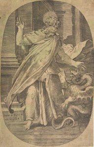 القديس بولس يتغلب على الأفعى ، في إطار معماري ، تكوين بيضاوي ، كاليفورنيا. 1540-70. بواسطة جوليو بوناسون