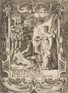 تانتالوس على اليسار يتحدث إلى ديانا على اليمين ، داخل إطار مفصل ، من 'L ... ، 1531-1576. بواسطة جوليو بوناسون