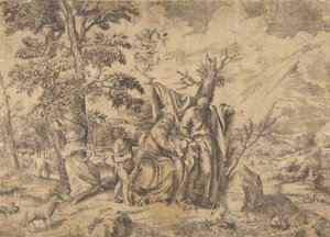 البقية في رحلة إلى مصر ، يوسف على اليمين ، العذراء تحمل الطفل المسيح في ... ، 1531-1576. بواسطة جوليو بوناسون