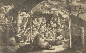 عبادة الرعاة ، شخصيات مختلفة تحيط بالمسيح الطفل في ... ، 1531-1576. بواسطة جوليو بوناسون