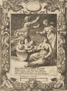 قتل الرضيع هرقل الأفاعي ، داخل إطار مفصل ، من 'Loves، ...، 1531-1576. بواسطة جوليو بوناسون