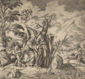 بقية أفراد العائلة المقدسة في رحلة طيرانهم إلى مصر ، 1531-1576. بواسطة جوليو بوناسون