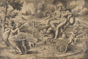 انتصار كيوبيد والنفسية الجالسين على عربة يجرها عصفوران يستريحان ... ، كاليفورنيا. 1550-67. بواسطة جوليو بوناسون