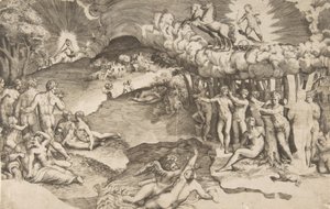 انتصار الحب ، كيوبيد يركب عربة رسمها يونيكورن في أعلى اليمين ، عارياً ... ، 1545. بواسطة جوليو بوناسون
