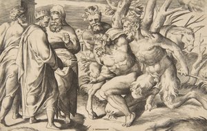 شاتان يجلبان Silenus King Midas واقفاً على اليسار ، 1531-1576. بواسطة جوليو بوناسون