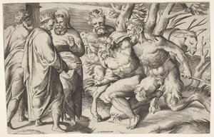 اثنان من المشجعين يقودان Silenus إلى الملك ميداس ، الذي يقف على اليسار مع حضور اثنين من الذكور ... ، كاليفورنيا. 1550-80. بواسطة جوليو بوناسون