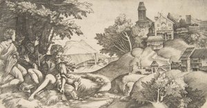 إلى اليسار أربعة رعاة بآلات موسيقية جالسين تحت مجموعة من الأشجار ... ، كاليفورنيا. 1517 بواسطة جوليو كامبانيولا
