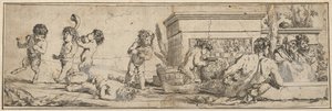 باشانال مع ساتير رضيع وبوتي على اليسار ، شكل ذكر عاري يتكئ أمام ... ، 1633-1678. بواسطة جوليو كاربيوني