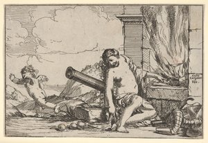 حريق ، يمثله كوكب الزهرة جالسًا قبل تشكيل فولكان ، بالدروع والمدفع والمعلبة ... ، 1640-60. بواسطة جوليو كاربيوني