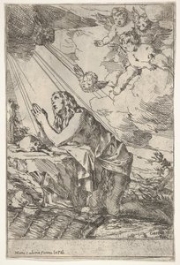 التائب المجدلي يركع على أرض صخرية أمام جمجمة وعظام ، مرهم ... ، كاليفورنيا. 1640-55. بواسطة جوليو كاربيوني