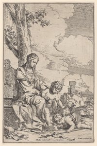 العائلة المقدسة مع الرضيع القديس يوحنا يقبلان قدمي المسيح ، 1640-60. بواسطة جوليو كاربيوني