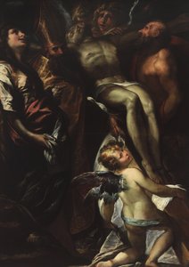 النسب من الصليب مع القديسين مريم المجدلية ، أوغسطين ، جيروم والملائكة ، ج. 1618