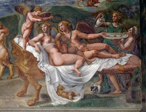 Cupid and Psyche with their daughter Voluptas (Pleasure) lying on bed, detail from Wedding feast or Banquet of gods, fresco by Giulio Romano (1499-1546), Palazzo Te, Mantua (UNESCO World Heritage List, 2008), Lombardy, Italy
