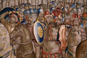 نسيج فلمنكي. مسلسل The Acts of Scipio: The Battle at Zama. رسام الكاريكاتير جوليو رومانو. أتيليه بالتازار فان فلايردين (؟) ، بروكسل. 1523-1532. التفاصيل. بواسطة جوليو رومانو