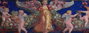إفريز من الكاميرا con Fregio di Amorini Chamber of the Cupid Frieze تفاصيل ملاك في فستان ذهبي بأجنحة منتشرة ، لوحة جدارية من عشرينيات القرن الخامس عشر بواسطة جوليو رومانو