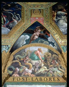 Lunette يصور Psyche القيام بمحنة من قبل فينوس لاسترداد جرة تحتوي على جمال بروسربين ، من Sala di Amore e Psiche ، 1528 تفاصيل جدارية 78427 بواسطة جوليو رومانو