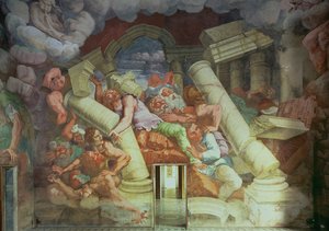 Sala dei Giganti ، تفاصيل تدمير العمالقة بواسطة صواعق المشتري ، 1536 فريسكو للحصول على التفاصيل انظر 78488 بواسطة جوليو رومانو