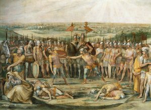 القتال بين Horatii و Curiatii ، بواسطة جوزيبي سيزاري (1568-1640) ، لوحة جدارية ، Hall of the Horatii and the Curiatii ، Palace Conservatories ، روما. الإمبراطورية الرومانية ، إيطاليا ، القرن السابع قبل الميلاد.