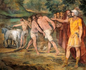 رومولوس بمناسبة حدود روما ، بواسطة جوزيبي سيزاري (1568-1640) ، لوحة جدارية ، Hall of Horatii and Curiatii ، قصر المعاهد الموسيقية ، روما ، المملكة الرومانية ، إيطاليا