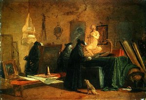 خبراء في زي الكرنفال في الداخل مع صور وأشياء من الفن والعلم (زيت على ورق على قماش) بواسطة جوزيبي برناردينو بايسون