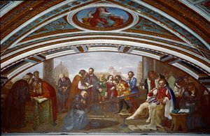 يوضح Galileo Galilei dit Galilee (1564-1642) القانون المتعلق بالسقوط والجاذبية. يوضح الجليل التجربة بخطة مائلة خلال محاضرة عامة في بيزا. لوحة جوزيبي بيزولي (1784-1855)