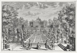 إعداد أوبرا في حديقة ، من Architectus Theatralis Primarius ، نقشها Johann Andreas Pfeffel (1674-1748) ، تم نشره عام 1740 بواسطة Giuseppe Bibiena
