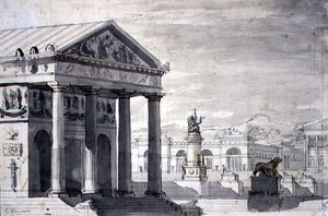 مجموعة المسرح الكلاسيكي الجديد ، حوالي 1825 (قلم حبر وحبر وغسل بني داكن على ورق) بواسطة جوزيبي بورساتو
