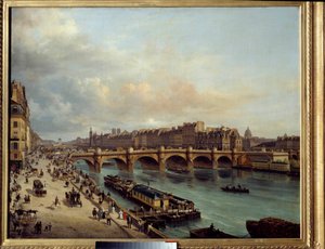 La cite et le Pont Neuf يُرى من Quai du Louvre في المقدمة ، غسيل بالقارب (غسيل بالقارب) والنشاط العظيم لضفاف نهر السين. لوحة كانيلا جوزيبي كانيلا العين (1788-1847). 1832 الأحد. 1،04 x 1،30 Paris، Musee Carnavalet
