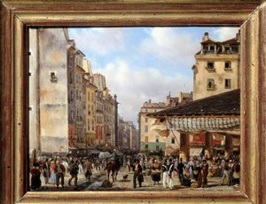 Les Halles و rue de la Tonnellerie عام 1828: منظر لباريس في القرن التاسع عشر. لوحة جوزيبي كانيلا (1788-1847)