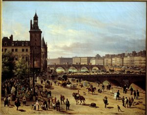 منظر لممشى الزهور ، وبرج الساعة ، و Pont au Change و Pont-Neuf في باريس لوحة رسمها Giuseppe Canella l'Ain (1788-1847) 1832 Sun. 0،52 × 0،66 م باريس ، متحف كارنافاليت