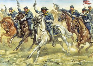 حرب الانفصال (1861-1865): جنود سلاح فرسان الشمال (الاتحاد) أثناء معركة - الحرب الأهلية الأمريكية: جنود سلاح فرسان الشمال (الاتحاد) أثناء معركة - رسم توضيحي لجوزيبي رافا بواسطة جوزيبي رافا