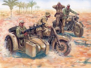 الحرب العالمية الثانية: الفيلق الألماني الأفريقي (DAK Afrikakkorps) يتجول في الصحراء الليبية في سيارات BMW الجانبية بواسطة جوزيبي رافا