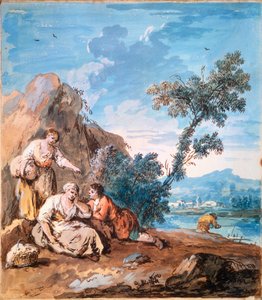 ثلاثة فلاحين يستريحون على ضفة النهر ، c1750. بواسطة جوزيبي زيس