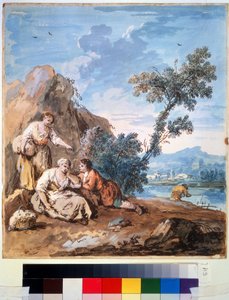ثلاثة فلاحين يستريحون على ضفة نهر. لوحة جوزيبي زايس (1709-1784). لوحة مائية على ورق ، 29.5 × 26.2 سم ، حوالي عام 1750. مدرسة البندقية ، رسم إيطالي من القرن الثامن عشر. متحف الفنون الجميلة بوشكين ، بواسطة جوزيبي زيس