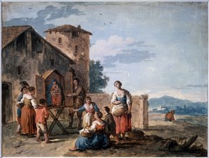 مجموعة من الفلاحين أمام الخيمة مع تمثال مادونا القائم. رسم جوزيبي زايس (1709-1784). تمبرا وبني داكن على ورق ، 30.2 × 38 سم ، حوالي عام 1750. مدرسة البندقية بواسطة جوزيبي زيس