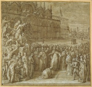 The reconciliation between Pope Alexander III and Frederick Barbarossa, in the presence of Doge Sebastiano Ziani (pen & brown ink with brown wash and heightening) بواسطة جوزيبي ديلا بورتا سالفياتي