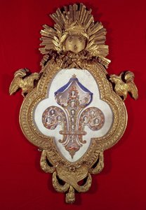 Fleur de France ، شجرة الأنساب مع ثلاثة عشر صورة من لويس الخامس عشر (1710-74) ونسله في إطار على شكل فلور دي ليز ، 1765 (ذهب ومينا)