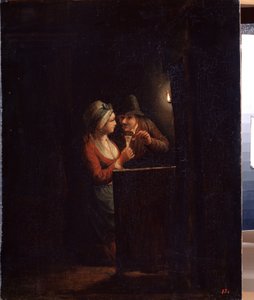 رجل وامرأة على ضوء الشموع. لوحة لودفريد كورنيليش شالكين (1643-1706). زيت على قماش ، 31 × 25 سم. الفن الهولندي ، الفن الباروكي. قصر متحف الدولة في الهواء الطلق جاتشينا ، سانت بطرسبرغ.