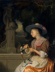 امرأة تحيك تاج زهور ، 1675-80 بواسطة جودفريد شالكين
