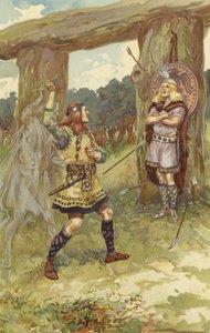 أخذ Hodur الهدال من Loki ، ووجه Loki ذراعه ، وألقى بها في Baldur ، وبكاء حاد سقط Baldur ميتًا (chromolitho)