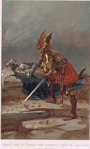 قال سيجورد لنفسه أنه مهما حدث ، يجب أن ينظر إلى الوجه ، وهو رسم توضيحي من كتاب ساجاس لأليس هوفمان ، نُشر عام 1926 بواسطة جوردون فريدريك براون